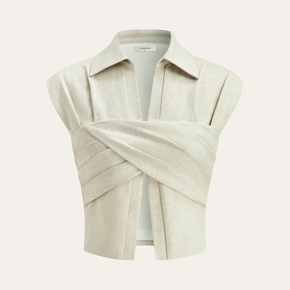 Commense Tops - 145 Linen Blend Cropped Blouse with Cross Wrap Detail